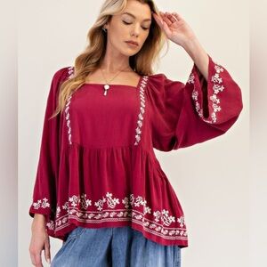 595. Easel Wine Red Embroidered Women's Top